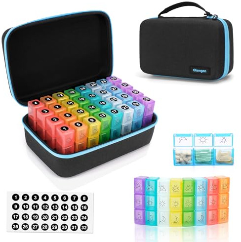 Monatliche Pillenbox Organizer 3 mal am Tag, Pillenbox mit Hartschalenkoffer, Tägliche Pillenbox Organizer 30 Tage, Reisepillenbox mit 32 täglichen Fächern