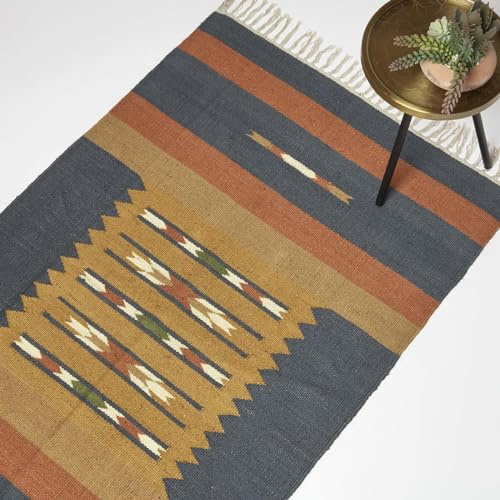 HOMESCAPES Lundi Blue Teppich Jute Baumwolle orange-blau 90x150 cm, Fransen-Teppich handgewebt, Kelim Teppich geometrisch