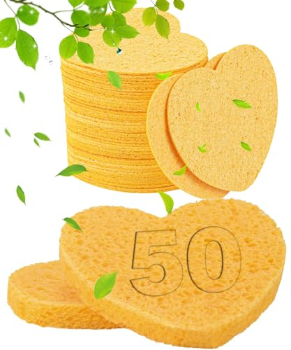 50 st komprimerade ansiktssvampar för estetiker – 100% naturliga cellulosa ansiktssvampar för ansiktsrengöring, massage, porexfoliering, mask, sminkborttagning (kärlek-gul)