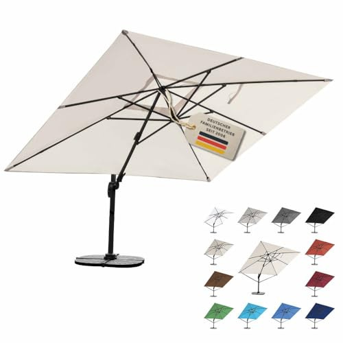 RS Trade Sonnenschirm Ampelschirm 3x4m groß rechteckig, mit Windsicherung, Ständer und Schutzhülle, drehbar neigbar kippbar mit Kurbel, windstabil für Garten Terrasse Balkon Gastronomie, sandhell