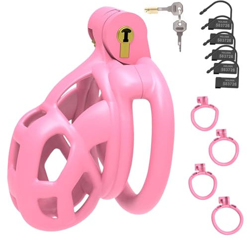 BDSMYOU Keuschheitskäfig Herren Peniskäfig Set,mit 4 Größen Hodenringe Cockringe,3D Harz Chastity Cage Male,Keuschheitsgürtel für Herren,Abstinenz Keuschheit BDSMs Spielzeug Hart (Rosa,M)
