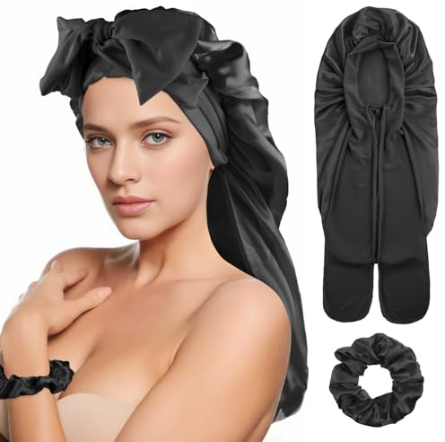 Abeillo Lange Satinhaube für Damen, Schlafhaube Seide, Große Seidenhaube zum Schlafen, Satin Haarhaube Nacht, Haube mit Bindeband und Haargummis, Schlafhaube für Langes Lockiges Haar, Zöpfe (Schwarz)