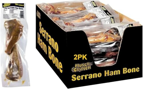Serrano 2 Pack Ham Bone | Large Serrano | Chew 100% Natural Cured Bones Treat for Dogs | Premium | High in Protein & Fiber |