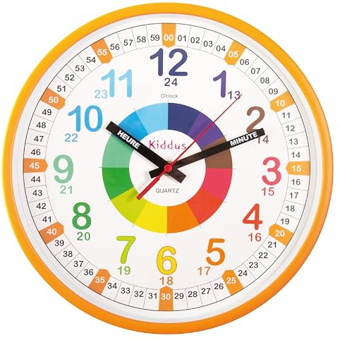 Kiddus Lernuhr Wanduhr Kinder 20cm, Pädagogische Uhr für Jungen & Mädchen, Lautloses Uhrwerk, Zeiger mit Stunde & Minute Beschriftung, Ideal für Schulanfänger - 12 Orange FR 30cm