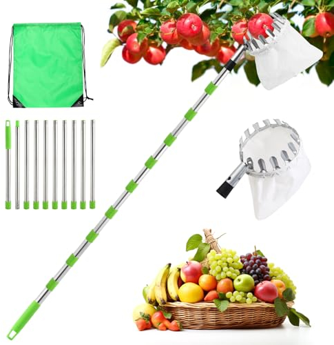 seOSTO Cueille Fruit Télescopique, 4,2M Cueilleur de Fruits Amovible, Ramasse Fruit avec Poteau Réglable Léger et Sac de Rangement, Outil Cueillette Jardin Arbre Poires Pêches Ø 160mm