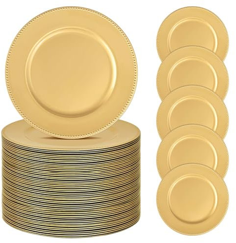 50 Pcs Gold Charger Plates Bulk, 13 Round Beaded Plate Chargers for Dinner Plates, Decorative Dinner Chargers Plastic Table Chargers for Wedding Holiday Party Baby Shower Event Decoration (Gold)