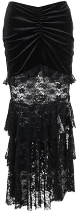 Y2K Gotico Nero Pizzo Floreale Maglia a Strati Split Sirena Gonne Lunghe Pieghe Gonne Midi Donna Estate-Nero-L