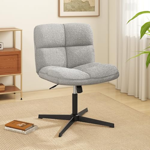 COSTWAY Chaise de Bureau en Imitation Laine d'agneau sans Accoudoirs, Chaise Pivotante à Pieds Croisés Métal avec Assise Large, Hauteur Réglable, Charge 160 kg, pour Salon, Chambre, Bureau, Gris