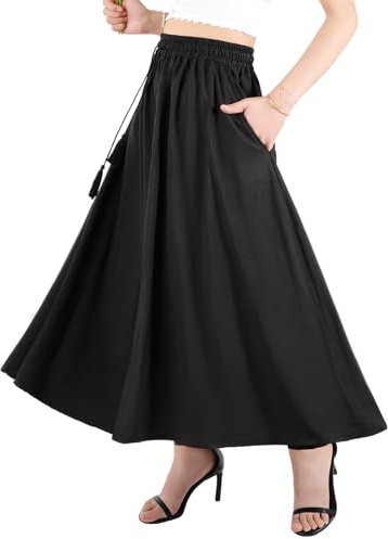 Kefiyis Summer Skirts for Women UK Ladies Skirts Elasticated Waist Long Skirt with Pockets Midi Skirt with Drawstring Black M