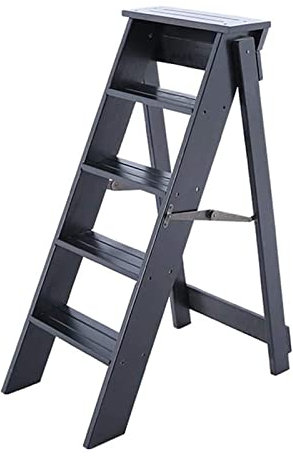 Black Wooden Folding Ladder Stool with 5 Steps Multifunctional Portable Climb Shelf for Home Kitchen and Garden