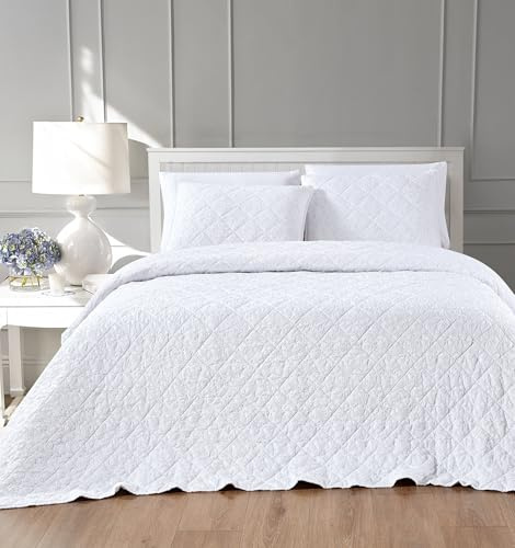 Colcha Boutí Cama 90 (180x270) Blanca Estampada - Moderna y Ligera con Diseño Artesanal 100% Microfibra Extrasuave - Cubrecama para Verano y Entretiempo con 1 Funda de Almohada (50x70) (Taipei)