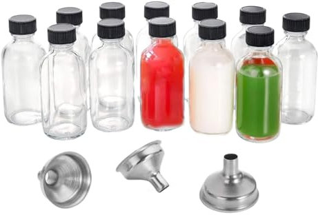 Bouteilles de tir avec casquettes, bouteilles en verre réutilisables | 12 x conteneurs de taille de voyage - 2 oz/60 ml de petites bouteilles de voyage transparentes avec 3 entonnoirs en acier
