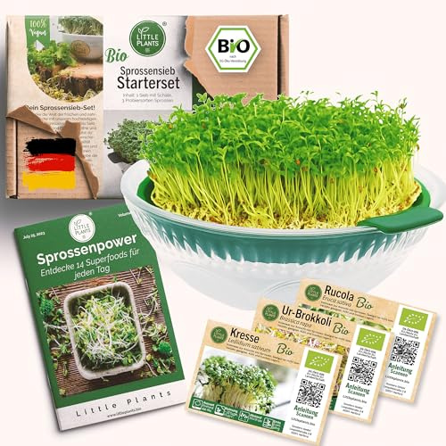 Little Plants Kresse Anzuchtschale Glas Set + 3 x Bio Sprossen Samen Kressesieb Kresse Schale Keimschale Kresseschale cress inkl. Ebook (Grün)
