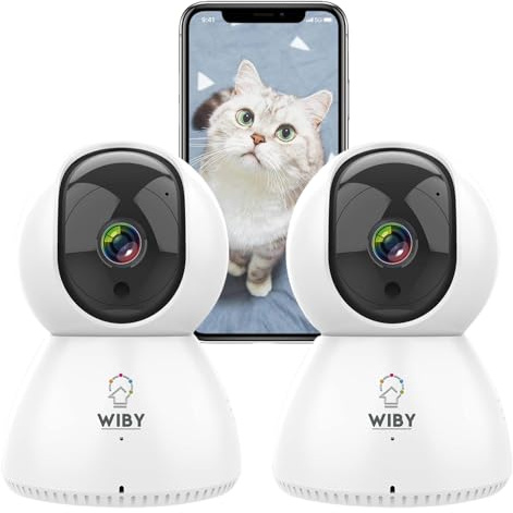 Wiby Telecamera di Sorveglianza Interna 1080P Wifi 2.4/5GHz, PTZ 355°/90°, Visione Notturna IR 9m, Rilevamento Movimento, Audio Bidirezionale, Compatibile con Alexa e Google Home, 2 unità