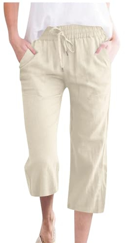 OVARA Womens Cropped Trousers Summer Cotton Linen Capri Pants Ladies Loose Fit Straight Leg Elasticated Waist 3/4 Length Trousers with Pocket