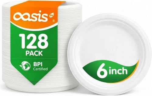 OasisSN [Paquete de 128 platos de papel compostables de 6 pulgadas, plato desechable biodegradable resistente hecho de bagazo, perfecto para aperitivos, postres, fiestas, bodas y más (certificado BPI)