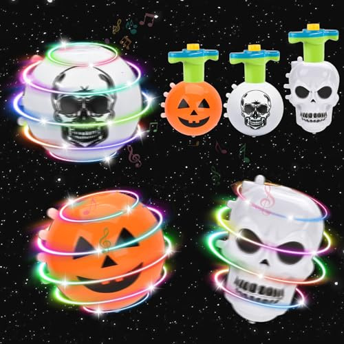 Halloween Mitgebsel Kinder, 3 Stück LED Kreisel für Kinder Interaktives Spiel, Kürbis und Totenkopf-Design, Können als Partygeschenkbeutelfüller, ab 3 4 5 6 7 8 9 Jahren