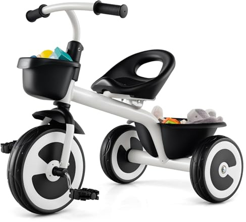 COSTWAY Kids Tricycle, Toddler Trike with Adjustable Seat, Front & Rear Storage Baskets, Heavy-Duty Carbon Steel Frame, 3 Wheels Bike for 1.5-5 Years Old (White)