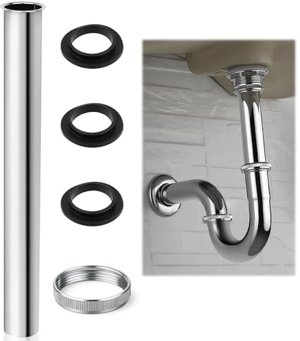 Tauchrohr Siphon 300 mm, Edelstahl Siphon Verlängerung | Tauchrohr Waschbecken Rohr mit Einer Mutter & Drei Dichtungsgummischeiben für Verlängerung unter dem Waschtisch