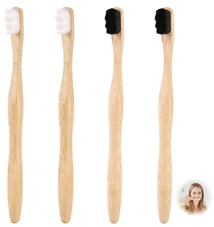 4 spazzolini da denti extra morbidi, morbidi in bambù, biodegradabili, naturali, ecologici, per gengive sensibili per bambini e adulti, setole bianche e nere