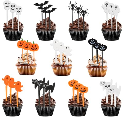 102 Stück Halloween Cupcake Topper, Halloween Kuchendekoration, halloween Tortendeko, Dekoration Fruit Picks con Geist Kürbis Spinne für Essen Käseplatte Vorspeisen