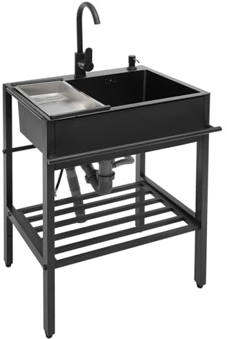 Freistehender Edelstahl Waschbecken 60x45x86 cm, Großes Einschalen-Spülbecken, Kommerzielle Restaurant-Spülen, Werkbank Spülbecken, Spüle mit Schrank und Wasserhahn für Restaurant, Küche, Waschküche