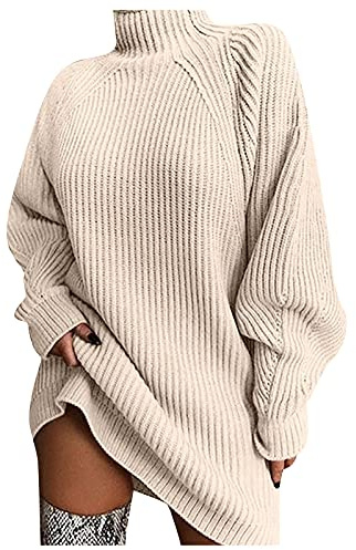 frolicddlook Strickkleid Damen Herbst Pulloverkleid Rollkragen Pullover Kleid Langarm Damen Winterkleid Elegant Herbstkleid Knielang Casual Sweatkleid Midikleid Einfarbige Freizeitkleid Beige S