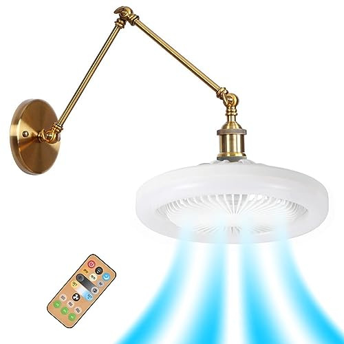 Industrial Wall-Mounted Fan with LED Light Socket, 3 Adjustable Speeds, Dimmable, Rotatable Arm, Ideal for Garage, Kitchen, Bathroom, Laundry (Gold)