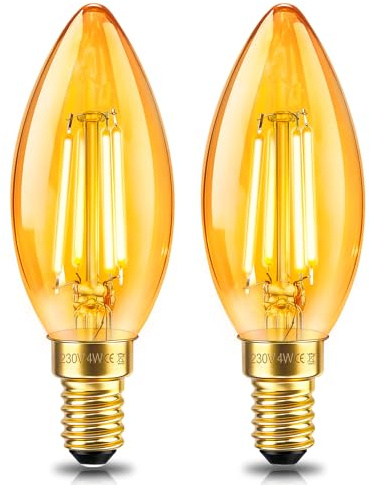 2 Pack E14 LED Vintage Candle Light Bulb, 4W LED Filament Equivalent 40W, Retro Amber Glass 2200K Warm White, 400LM, Non-dimmable, C35 Candle, E14 Small Edison Screw Bulb for Chandeliers, Wall Lamp