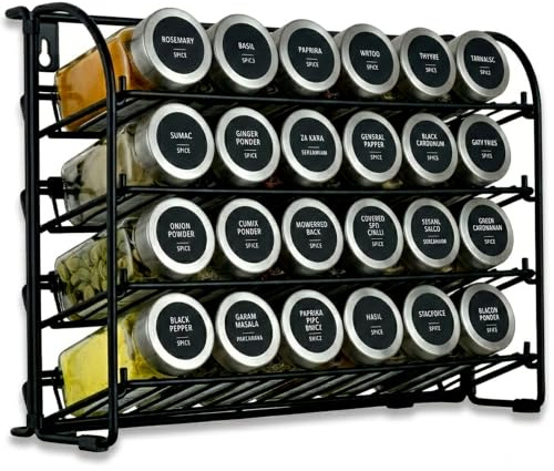 ToughHub 4 Tier Spice Rack Organiser for Cupboard & Kitchen Countertop – 2-in-1 Free Standing & Wall Mounted Iron Spice Holder Rack with Non-Slip Feet, Space Saving Kitchen Storage (Without Jars)