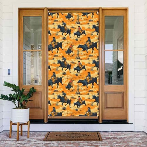 Decoraciones para puertas – Cowboys del oeste montando toros impresión otoño invierno puerta pancartas para la parte delantera, cartel de primavera verano cartel colgante telón de fondo para exterior