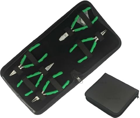 Professional 5-Piece Jewellery Pliers Set/Kit, 150mm with Foam Grips, Round Flat Chain Bent and Nylon Design, Zipper Case