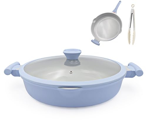 AIKENBBKK Keramik pfanne mit Deckel, Bratpfanne 32 cm mit Antihaftbeschichtung 2-In-1 Schmorpfanne hoher rand, ungiftig, in Familiengröße, kompatibel mit allen Herdplatten