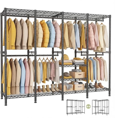 Cliporix Heavy Duty Clothes Rail, 505KG Load Clothes Rack with Adjustable Shelves,Linear & L-Shape Two-Modes, Tool-Free Setup,Space-Saving Walk-in Closet for Bedrroom, Living Room,Shop,Corner