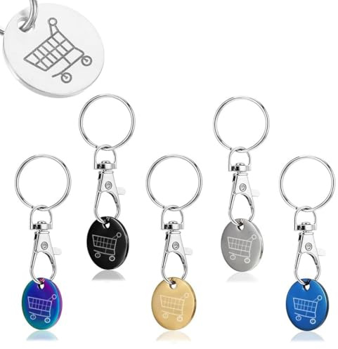 YIPFEN 5 pièces jetons de caddie porte-clés en métal argenté, doré, bleu, noir et multicolore – accessoire pratique pour chariot de supermarché, idéal pour porte-clés, sac ou sac à dos