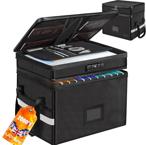 Fireproof Document Box, 2-Layer File Box Storage Organizer with Lock and Handle, Collapsible File Organiser, Portable Home Office Safe File Storage for Letter/Legal Folder (Black, 13.6x15.6x12.2in)