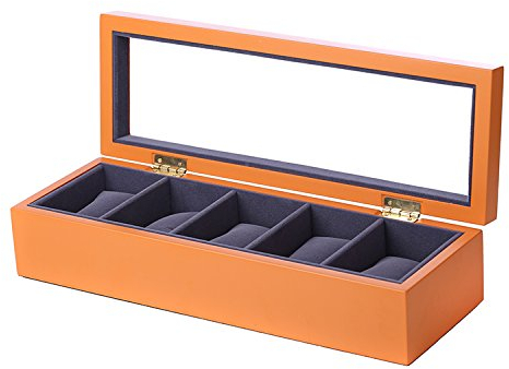 Colmore Reloj maletín para 5 relojes Naranja de Madera con dunkelblauem terciopelo joyas caja presentación ventanas de cristal