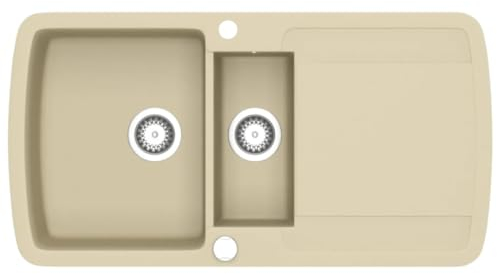 vidaXL Evier de Cuisine Double Lavabo Egouttoir Encastré Réversible avec Trou de Montage pour Robinet et Distributeur de Savon Maison Intérieur Granit Beige