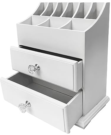 Organizer per cosmetici in legno bianco con cassetti per organizzare e organizzare la conservazione di strumenti per il trucco, piccoli accessori a casa e ufficio, vanità e bagno