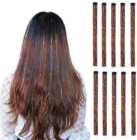 LiaSun 10Pcs/set Tinsel Hair Extensions, Clip In - Multi-Colors Glitter Fairy Hair Strands Hairpieces for Women