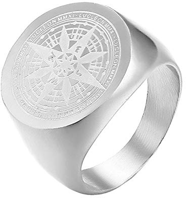 JewelryWe Schmuck Herren-Ring mit Gravur, Edelstahl Kompass Siegelring Runde Ring Band Silber Gold Schwarz Geschenk für Männer Größer 54-69