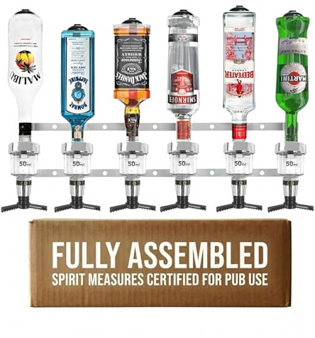 Chabrias Ltd Black 6 Bottle Wall Bar Rail + 50ml Spirit Optic Measure- UK Made, Fully Assembled Metal Bracket & Pub Trade Compliant, Traditional Black, Fits 70cl–1.5L Bottles