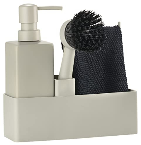 Zone Denmark Geschirrspülset, Spülorganizer mit Seifenspender/Spülmittelspender, Spültuch und Spülbürste, 19 x 6 x 20,5 cm, Set mit 4 Teilen, Mud