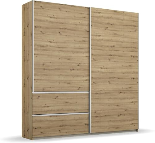 Rauch Armoire à Portes Coulissantes Meuble Sevilla, Chêne Artisan, Poignées en Aluminium, 2 Portes, avec 2 Tringles à Linge, 3 Étagères l X H X P 175 X 210 X 59 cm