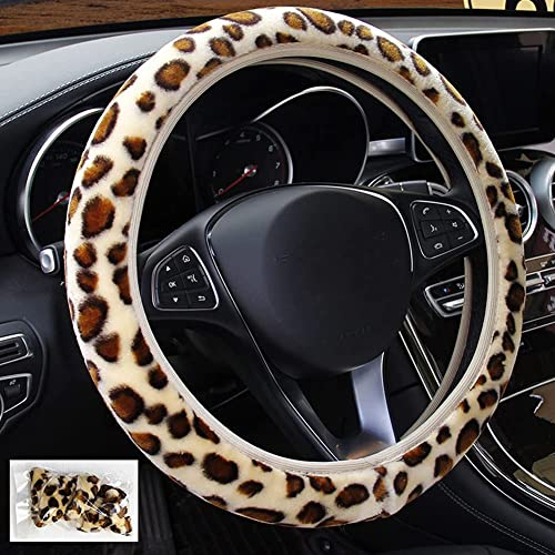 Lenkradbezug Leopardenmuster Lenkradhülle Auto Winter Rutschfest Lenkradschutz Plüsch Warm Lenkradschutz Auto Elastisch Lenkradschutz Universal für LKW SUV Auto 36 – 38 cm