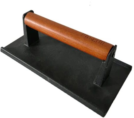 Firsgrill Griglia in ghisa resistente, 21,9 x 11,8 cm, pressa per hamburger e bistecca di carne, con manico in legno, per barbecue Blackstone Camp Chef, Pitboss, Weber (rettangolare)