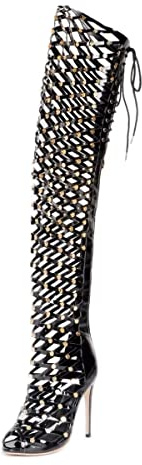 Frankie Hsu Sexy Stiletto Rivets Over The Knee Boots, Classic Black Lace Stockings Gladiator Thigh High Style, Big Size Fashion Cool Goth Heeled Long Tall Shoes For Women Men, Black, 6 UK