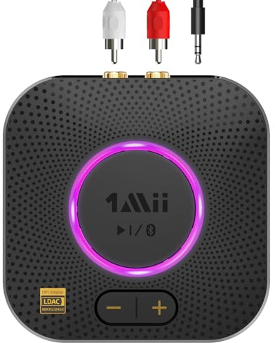 1Mii B06S+ Ricevitore Bluetooth 5.2 HiFi, Hi-Res LDAC Adattatore Audio Bluetooth con Jack AUX 3.5mm e RCA, aptX Bassa Latenza, 100ft Lungo Raggio Ricevitore con Controllo Volume per Home Audio/PC