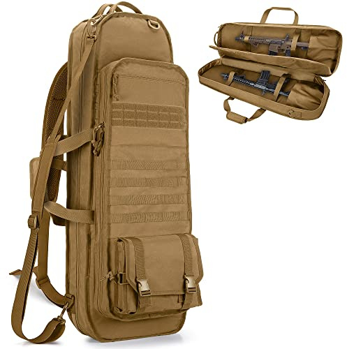 GOBUROS Tactical Rifle Bag Backpack Fits 36 inches Rifles, Soft Rifle Case with 3 Magazine Holders, Padded Shoulder Straps, Lockable Zipper and Molle System for Hunting and Shooting, Khaki