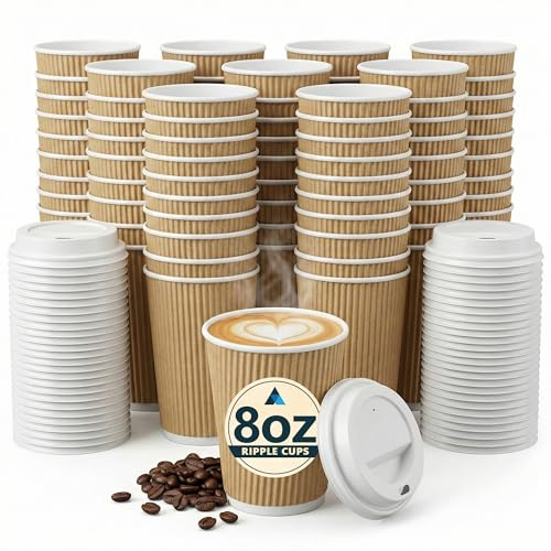 Nationwide Paper 100 tazze da caffè con coperchio, 3 strati, monouso, ondulate, colore marrone